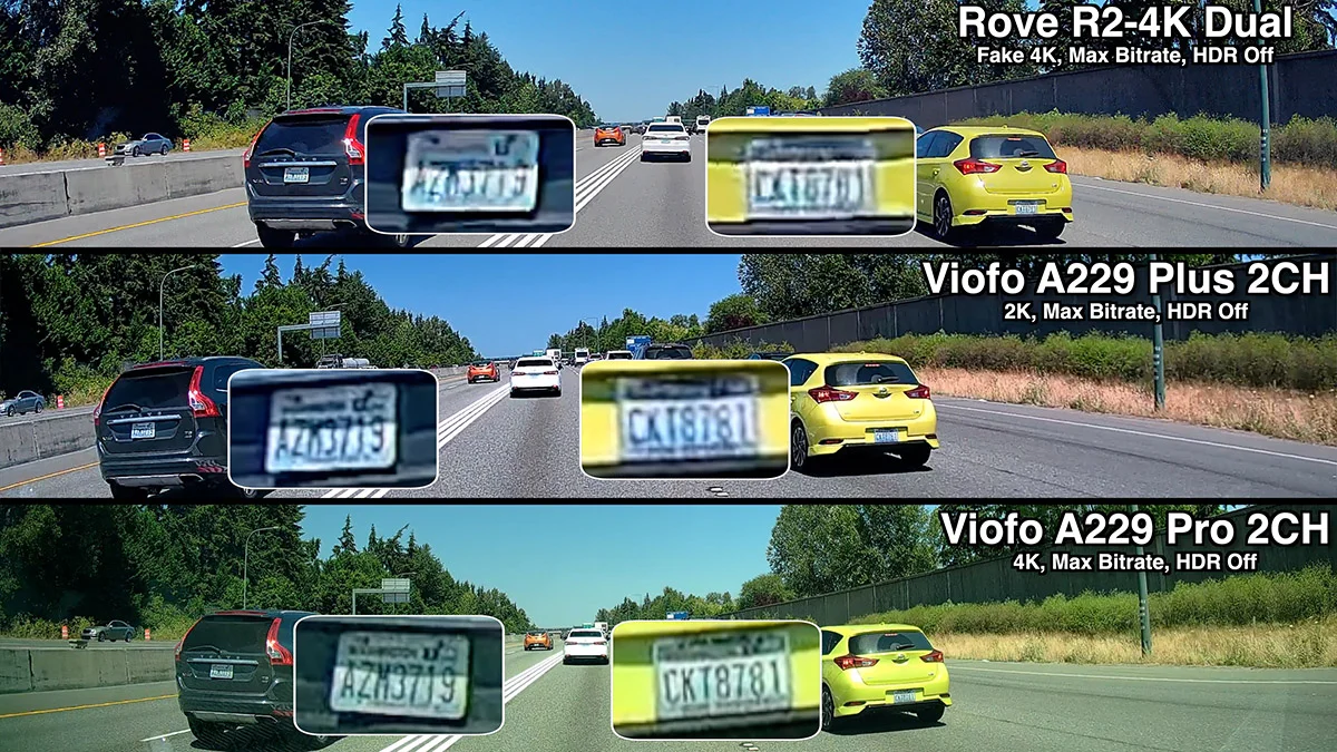 Rove R2-4K Dual, A229 Plus, A229 Pro license plate comparison 1.jpg