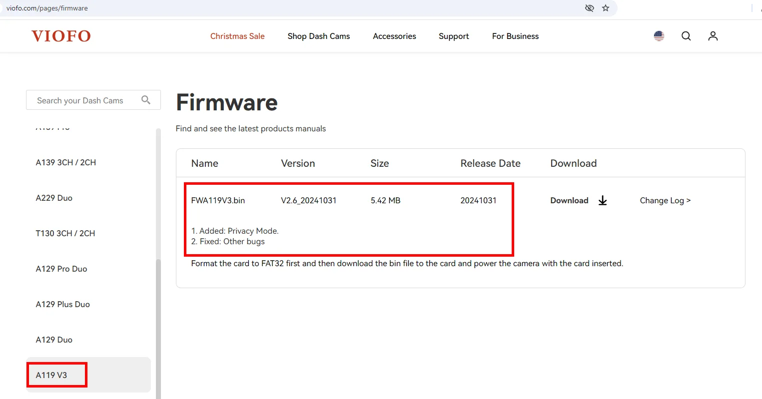 Viofo A119 v3 firmware page screenshot.webp